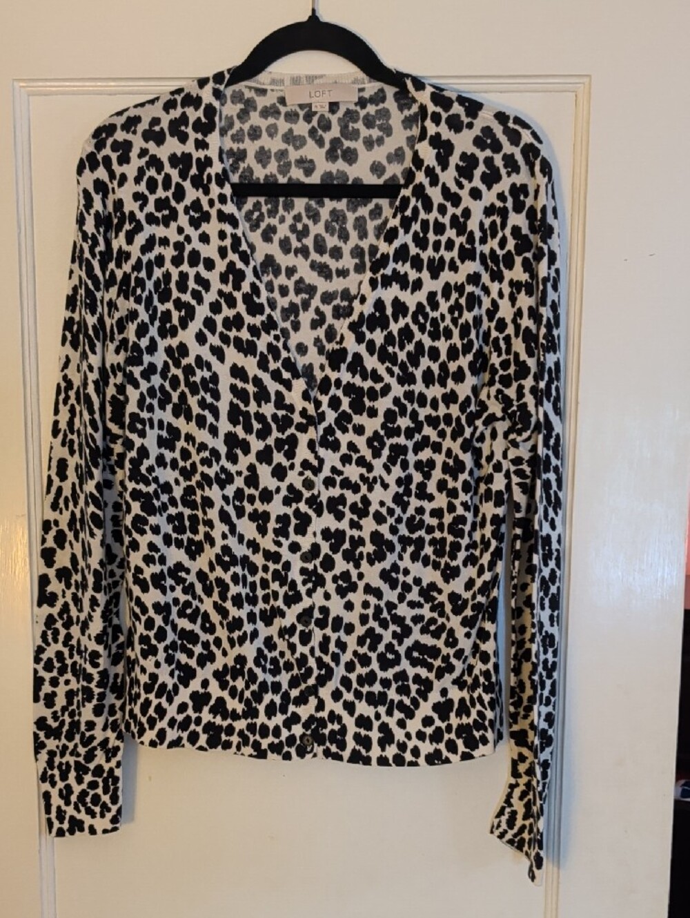 LOFT Black and White Leopard-Print Button Down Cardigan, Sz XL